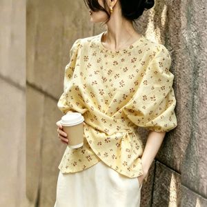 KUNAILIN | Commuter Dot Pattern Puffy Sleeve Waist-Tie Fashionable Shirt