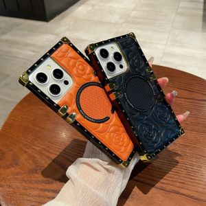 CrashStar MagSafe Square Edge Fashion Embossed Flower Leather Hard Phone Case For iPhone 15 14 13 12 11 Pro Max Wireless Charging Phone Casing Shockproof Phone Cover