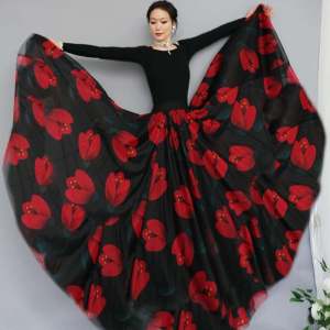 กระโปรงยาวทรงเอเอวสูง กระโปรงทรงเอพิมพ์ลายดอกไม้สีแดง กระโปรงทรงเอสำหรับเต้นรำ Uygur กระโปรงทรงเอสำหรับผู้หญิง