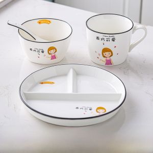 Three-Compartment Ceramic Breakfast Plate Home Use Weight Loss Dinnerware Childrens Quantitative Partition Plate
