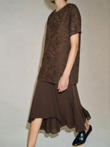 AMII | Round Neck Dropped Shoulder Sleeves Splicing Chiffon Fringe Pheasant Tail Cut Dress Loose Womens Dress