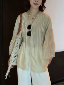 QINGNAER | Youthful Yellow V-Neck Pleated Long Sleeve Shirt Large Size