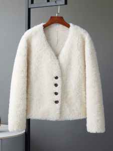 100% Pure Wool V-Neck Lamb Fur Jacket Womens Short Style Colorful Autumn Winter New Arrival Korean Version Commute Friendly