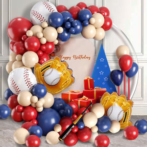 113-Piece Baseball-Themed Balloon Set for Birthday Party Decorations Navy Blue Red and Nude Color Balloon Arch Baseball Glove Foil Balloons Baseball-Themed Party Decorations