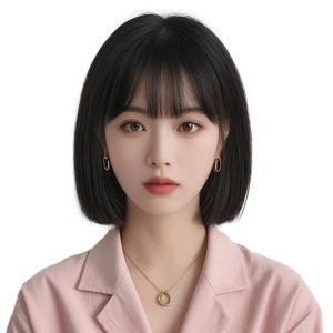 Womens Short Bob Wig Full Head Cover Style Real Human Hair Lockbone Shape Simulation Hair Full Natural Looking Sweet Cute Style
