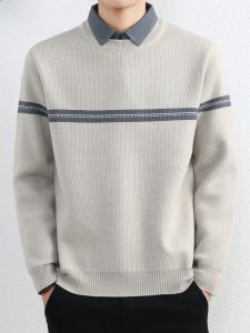 HENGYUANXIANG | Hengyuanxiang Mens Thickened Warm Shirt Collar Knitted Sweater Fake Two-Piece Anti-Ball Winter Fashion City Casual Nylon Polyester Acrylic Modal