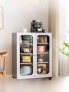 304 Stainless Steel Cabinet For Home Sideboard Multi-Function Locker Kitchen Pot Storage Cabinet Glass Door Cupboard