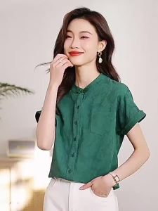 《223》Elegant Green Cotton Linen Shirt Womens Short Sleeve Stand Collar Fashionable Chinese Style Button up Summer Top