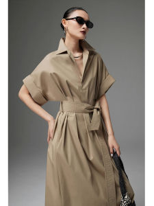 Elegant Shirt Dress Womens High Waist Belted Short Sleeve Midi Dress French Style Slimming Summer New Arrival 2023