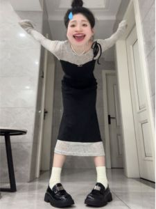 Autumn Winter Womens Slim Fit Long Dress Fake Two-Piece Style Fashionable Unique Design Cotton Blend Comfortable Long Sleeve Dress