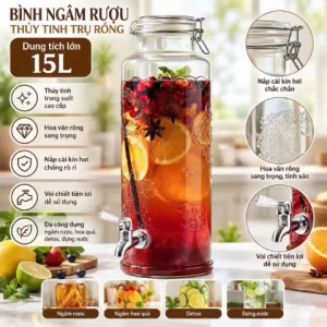 Bình Ngâm Rượu Thủy Tinh 15L Họa Tiết Rồng Có Vòi Nắp Cài Kín Hơi TRNG15LV