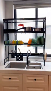 ฝาปิดกันฝุ่น ชั้นวางจาน 2ชั้น คร่อมอ่างล้างจาน สแตนเลส ชั้นวางของในครัว แบบอัพเกรด ที่วางจานกันลื่น