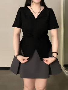 plus Size French V-Neck Pleated Shoulder Open Split Top Women Summer Fat MM Irregular Belly Cover Short Sleeve T-Shirt