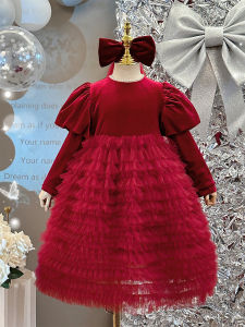 ชุดเดรสยาวผ้ากำมะหยี่สีแดง ทรงเจ้าหญิง แขนยาว ปกโปโล กระโปรงทรงเค้ก อบอุ่น สำหรับเด็กผู้หญิง วัย 3-14 ปี