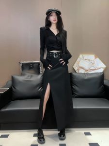 Spring Summer New Fashionable Long High Waist Slimming Womens Shirt And Skirt Set Stylish Versatile Hot Girl Outfit Polyester