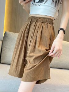 กางเกงขาสั้นผ้าลินินไหมบางหลวมๆ ทรงตรง กางเกงขายาวเอวสูงผ้าไหมน้ำแข็งสำหรับฤดูร้อน กางเกงขายาวทรงขากว้าง 5 นิ้ว สไตล์เกาหลี กางเกงขายาวลำลอง