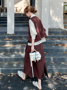 Wine Red Casual College Style Three Piece Set Womens Vest Shirt Mini Skirt Fashionable Autumn New Arrival