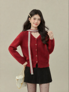 OUYANGXI | Áo Cardigan Len Cổ V Màu Đỏ Retro Lễ Hội