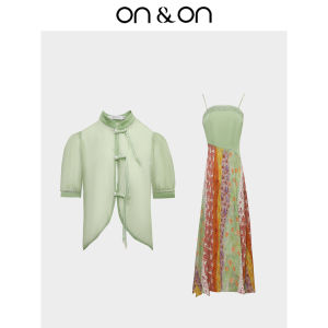 ONON ใหม่สไตล์จีน ปกตั้ง งานเย็บปะติดปะต่อกัน เดรส ผู้หญิง ชุดแฟชั่นแขนสั้นปิดกระดุมเลนซิง โมดัลผ้า