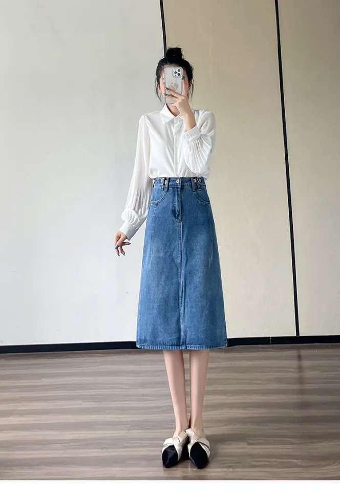 Mid length denim skirts for sale best sale