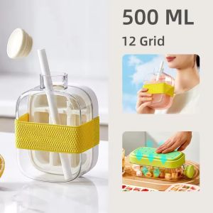 2-in-1 Ice Maker Ice Tray Water Bottle Press Ice Bottle Portable Ice Maker Kettle with Lid Ice Making Straw Silicone Ice Kettle