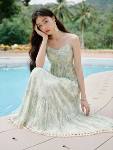 XIANGYING | Floral Print V-Neck Vacation Dress