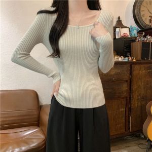 French Style Long Sleeve Knitted Sweater Womens Slim Fit Base Layer Square Collar Soft Breathable Daily Wear Autumn New Arrival