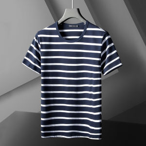 New 2025 Mens Slim Fit Short Sleeve T-Shirt round Neck Stripe Pattern Summer Silk Cotton Casual Trendy Top in Black And White