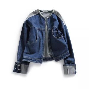 WANGGONGZHU | Princess Wang Loose Fit Denim Jacket Women Spring Autumn Casual Patchwork Frayed Hemline Fashionable Outerwear Top