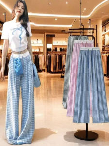 Quần Dài Thường Ngày Mùa Hè Cổ Điển Rộng Rãi Cạp Cao Quần Dài Ống Đứng Kẻ Caro Màu Tương Phản Quần Dài Mặc Nhà Thoải Mái