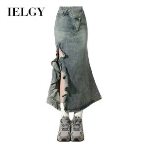 IELGY Fishtail design slit retro blue lace wavy high waist denim mid-length skirt for women