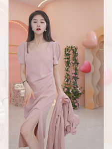 New 2025 Pink Chiffon Long Dress Formal Occasion Womens Style Beautiful Korean Commute High Waist A-Line Skirt Midi Dress