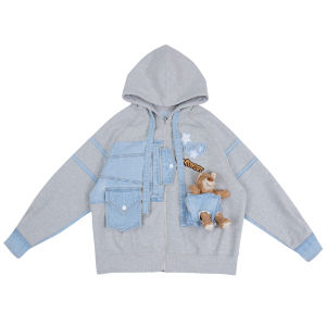 Lazy Bear Loose Fit Sweatshirt Denim Patchwork Hole Design Blue Grey Splicing Oversize Jeans Jacket Sweet Style Womens Coat