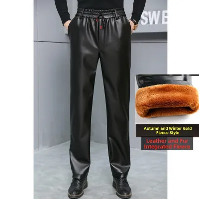 Mens Loose High-Waisted Fleece-Lined Thickened Motorcycle Leather Pants Windproof Waterproof Warm Business Casual Long Trousers