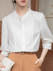 เสื้อเชิ้ตคอตั้งแขนสั้นสีขาวสไตล์ฝรั่งเศสสำหรับผู้หญิงในช่วงฤดูร้อน เสื้อเชิ้ตผู้หญิงระดับไฮเอนด์สำหรับการเดินทางไปทำงานและสอบสัมภาษณ์