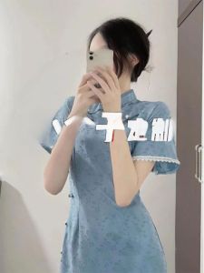 High-Waist A-Line Midi Dress Summer Chinese-Style Flagship Dress for Women Short Sleeves Pullover Style Polyester Fabric
