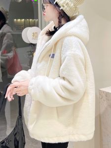 Winter New Womens Fur Coat Short Loose Thickened Cottonlined Rabbit Fur Simulation Mink Velvet Hooded Outerwear Korean Style