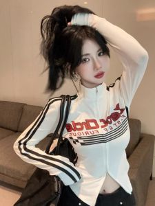 GUZILIAN | Sweet Cool Retro Collar Letter Print Double Zipper Long Sleeve T-Shirt Women Autumn Slimming Casual Anti-Aging Top