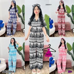 B20864  Set 2 ชิ้น เสื้อเชิ้ตแขนสั้นครอป +กางเกงขายาว #เซตช้างSet of 2 pieces: short-sleeved crop top shirt + long pants #elephant set