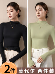 เสื้อชั้นในผู้หญิงแขนยาวคอสูงครึ่งตัวสีดำไซส์ใหญ่ ปกปิดหน้าท้อง ผ้าโมดอล เสื้อชั้นในฤดูใบไม้ร่วง 2025 ใหม่