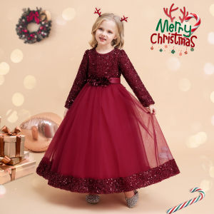 Girls Long Mesh Dress Skirt Childrens Performance Banquet Evening Dress Big Childrens Long Sleeve Sequin Dress