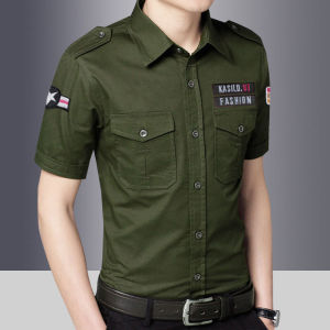 Áo Sơ Mi Nam Cotton Nguyên Chất Mùa Xuân Thu Thường Ngày Ngoài Trời Không Cần Ủi Tay Ngắn Cỡ Lớn Ôm Vừa Vặn Phong Cách Quân Đội