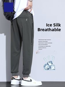 ROMON | Lormen Ice Silk Mens Summer Thin Quick Dry Loose Cuffed Sports Elastic Waist Casual Long Pants Youth Vitality Style Nylon Fabric