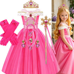 Kids Pink Fairy Princess Fancy Dress Girls Birthday Off Shoulder Ball Gown with Crown Wand Gloves Set Child Halloween Costumes