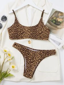 Bộ Đồ Bơi Hai Mảnh in Họa Tiết Da Báo Hở Bụng Cho Nữ Quần Áo Bơi Đường Phố Đơn Giản Cao Cấp Thường Ngày in Họa Tiết