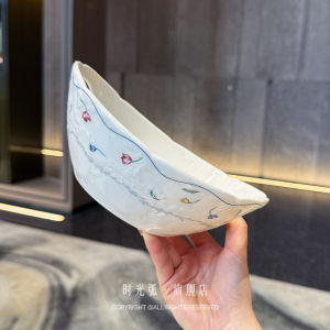 Designer Style Ceramic Salad Bowl with Handles French Floral Patterned Storage Basket round Shape Dining Utensils Dishware