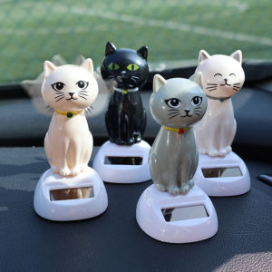 4Pcs Shaking Head Cat Car Ornament Dashboard Rearview Mirror Cartoon Solar Swing Cat Doll Lucky Cat Auto Interior Decoration Gift