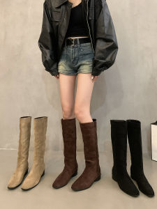 Womens Mid-Calf Velvet Knight Boots Chunky Heel Long Boot Khaki Color Fashionable Autumn Winter Spring Seasonal round Toe Boots