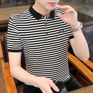 ROMON | Lormen Mens Stripe Short Sleeve Polo Shirt Summer Thin Ice Silk Business With Collar Top Pure Cotton T-Shirt Body Fashion Urban Youth Quick Dry