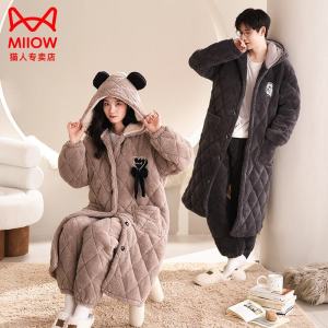 ชุดนอนผ้าขนแกะคอรัลสามชั้นหนาสำหรับคู่รัก ชุดนอนบ้าน ชุดนอนผู้ชาย ชุดนอนผู้หญิง ฤดูหนาว 2024 คอกลม แขนยาว ทรงหลวม